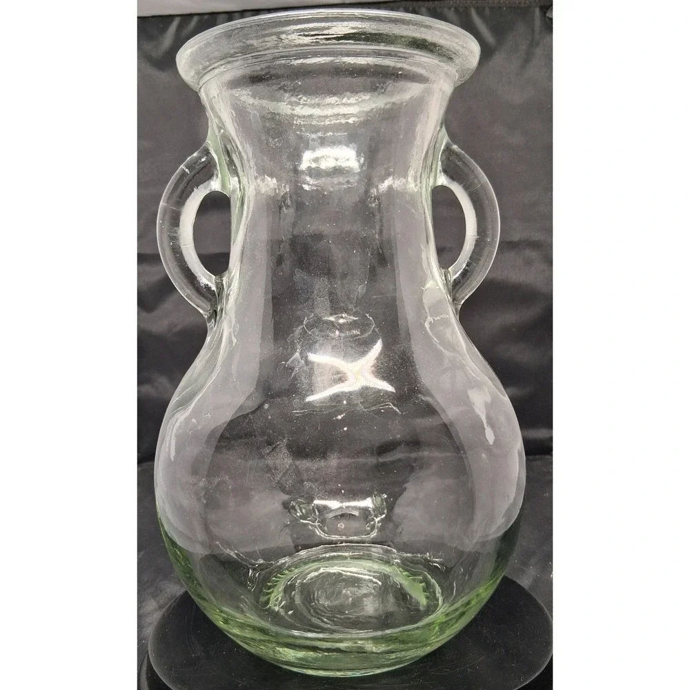 Vintage Hand Blown Clear Glass Amphora Vase Two Handles 10 Inch Rustic Decor